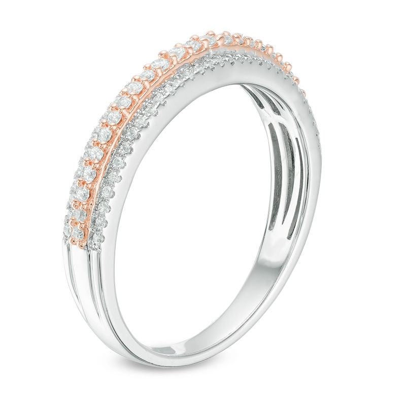 Main Image 2 of 1/4 CT. T.W. Diamond Three Row Wedding Band in 10K White Gold and Rose Rhodium