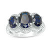 Thumbnail Image 0 of Oval Lab-Created Blue Sapphire and Diamond Accent Three Stone Frame Ring in Sterling Silver