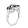 Thumbnail Image 1 of Oval Lab-Created Blue Sapphire and Diamond Accent Three Stone Frame Ring in Sterling Silver