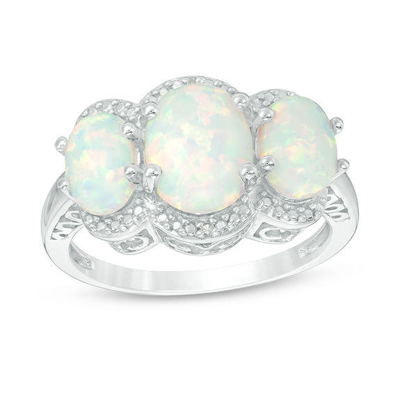 Oval Lab-Created Opal and Diamond Accent Three Stone Frame Ring in ...