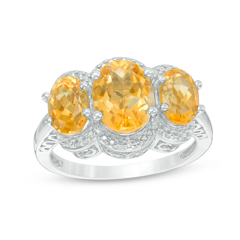 Oval Citrine and Diamond Accent Three Stone Frame Ring in Sterling ...