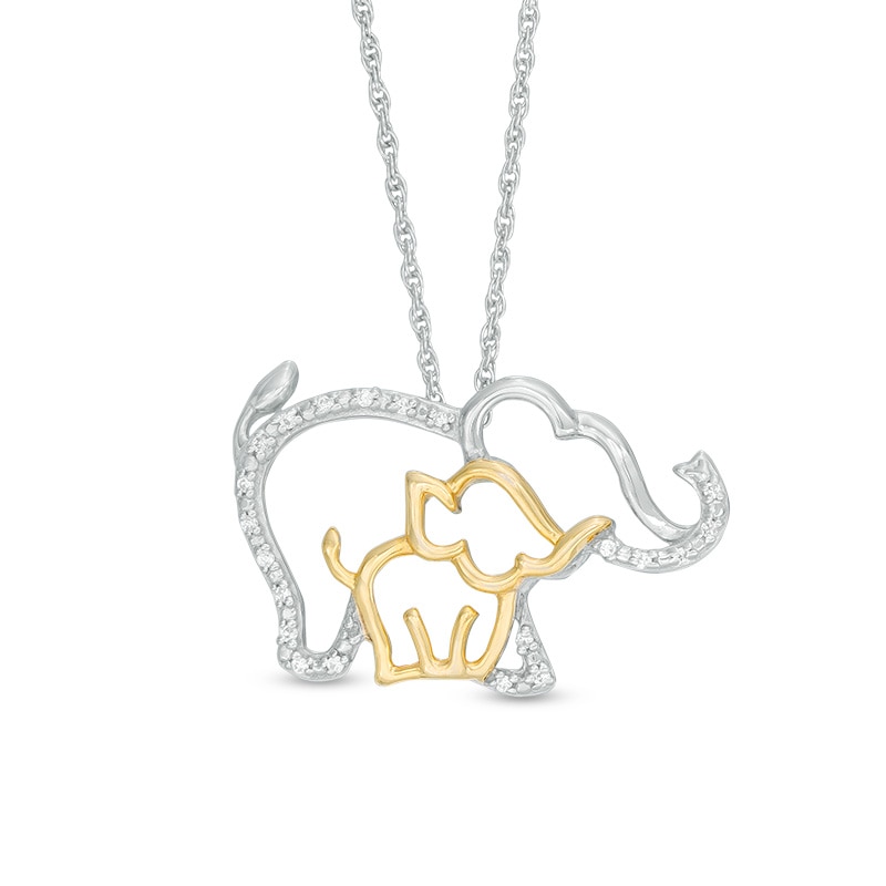 Main Image 1 of Diamond Accent Elephant and Calf Pendant in Sterling Silver and 10K Gold