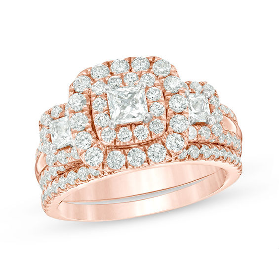 2-1/8 CT. T.w. Princess-Cut Diamond Past Present Future® Double Frame Bridal Set in 14K Rose Gold