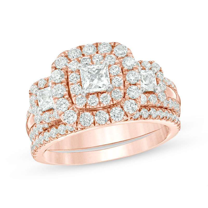 Main Image 1 of 2-1/8 CT. T.W. Princess-Cut Diamond Past Present Future® Double  Frame Bridal Set in 14K Rose Gold