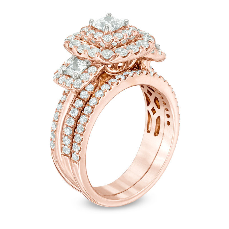 Main Image 2 of 2-1/8 CT. T.W. Princess-Cut Diamond Past Present Future® Double  Frame Bridal Set in 14K Rose Gold
