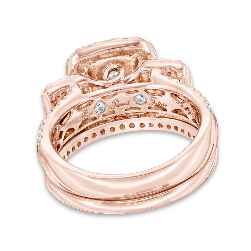 Main Image 3 of 2-1/8 CT. T.W. Princess-Cut Diamond Past Present Future® Double  Frame Bridal Set in 14K Rose Gold
