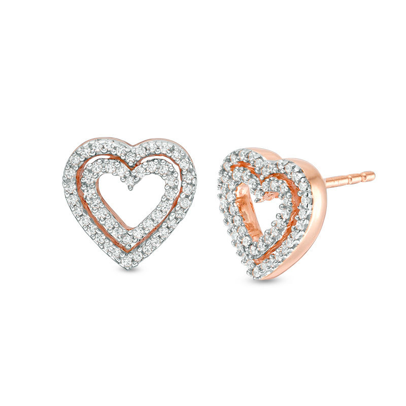 1/5 CT. T.W. Diamond Double Heart Stud Earrings in 10K Rose Gold | Zales