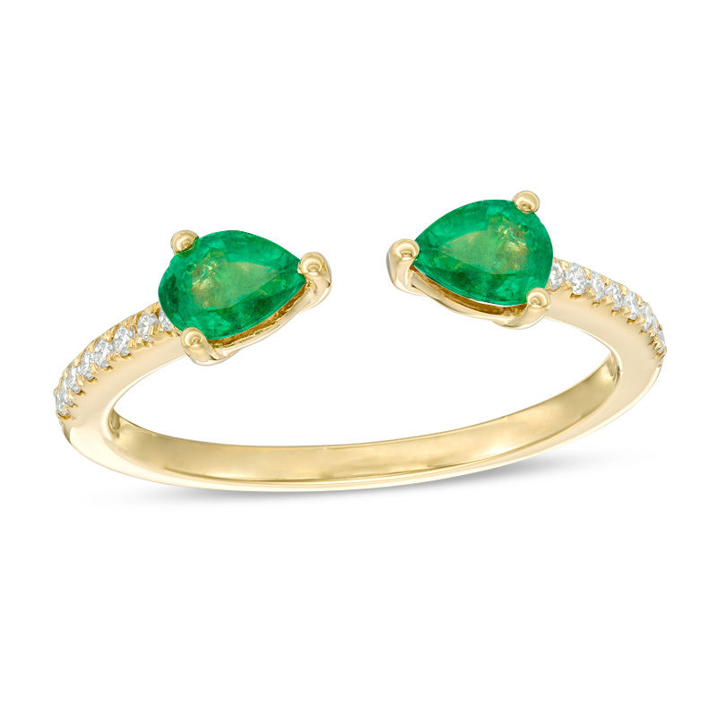 Pear-Shaped Emerald and Diamond Accent Open Shank Ring in 14K Gold