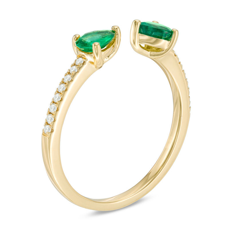 Pear-Shaped Emerald and Diamond Accent Open Shank Ring in 14K Gold