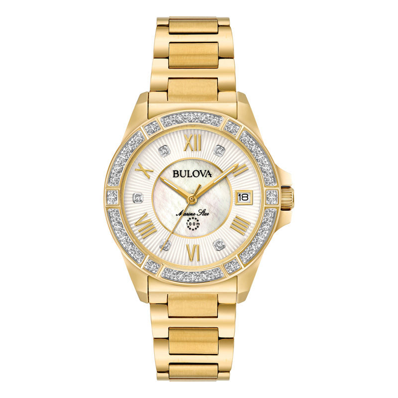 Ladies' Bulova Marine Star Diamond Accent Gold-Tone Watch with Mother-of-Pearl Dial (Model: 98R235)