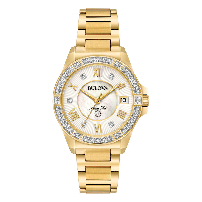 Main Image 1 of Ladies' Bulova Marine Star Diamond Accent Gold-Tone Watch with Mother-of-Pearl Dial (Model: 98R235)