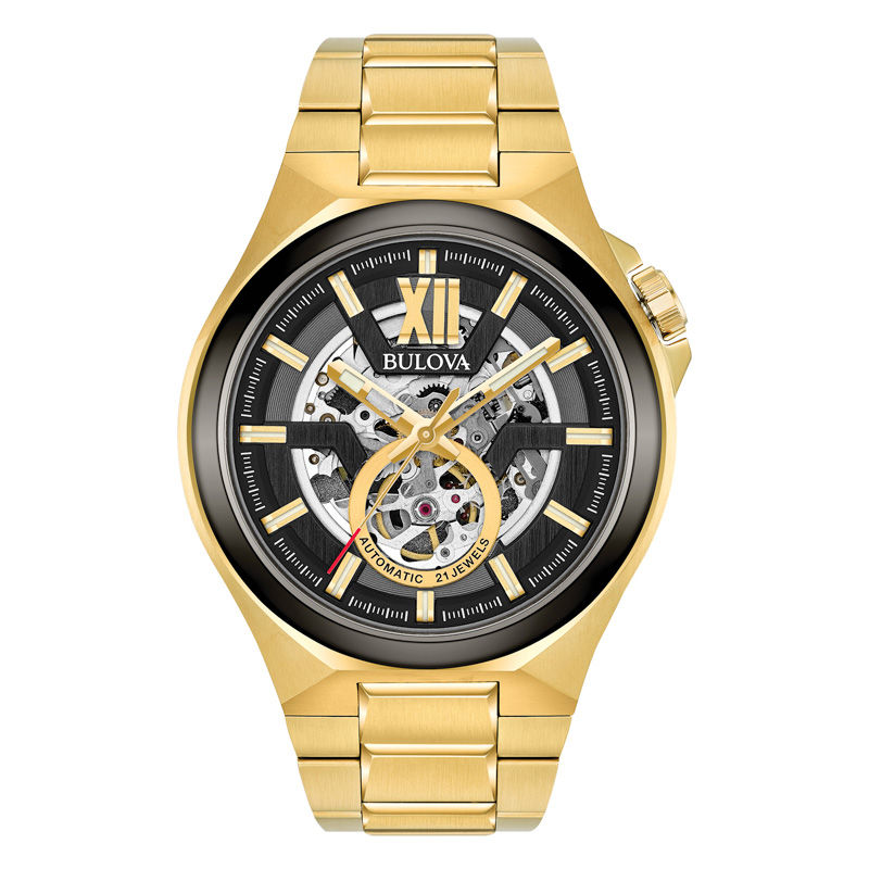 Main Image 1 of Men's Bulova Automatic Gold-Tone Watch with Black Skeleton Dial (Model: 98A178)