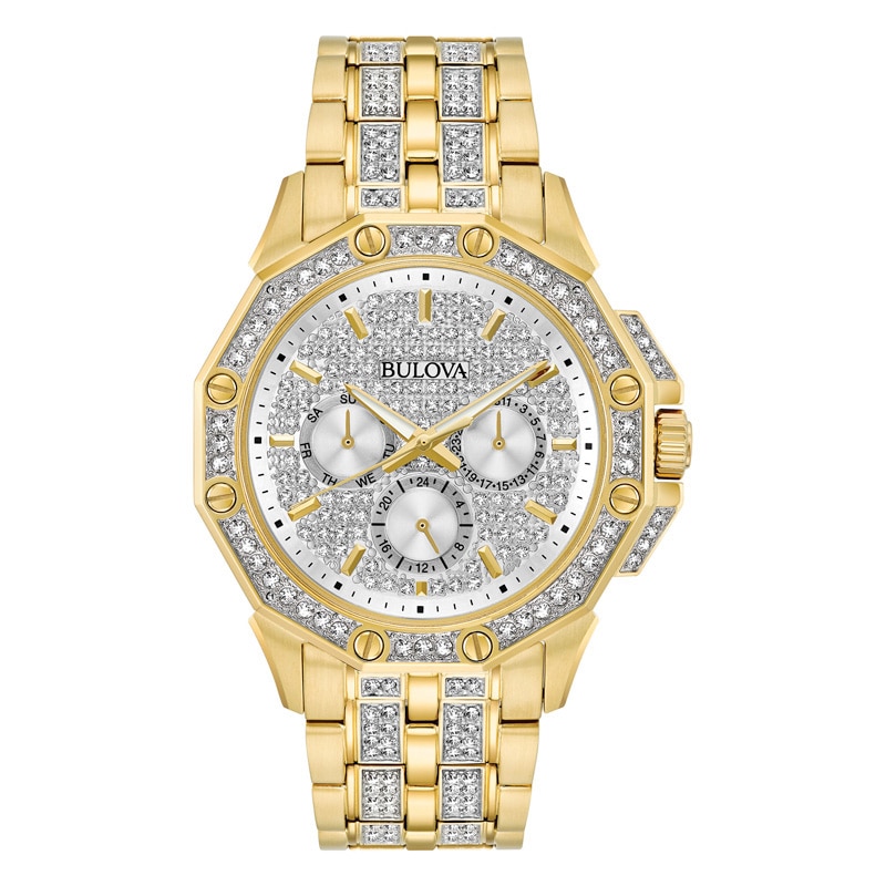 Main Image 1 of Men's Bulova Crystal Accent Gold-Tone Watch with Silver-Tone Dial (Model: 98C126)