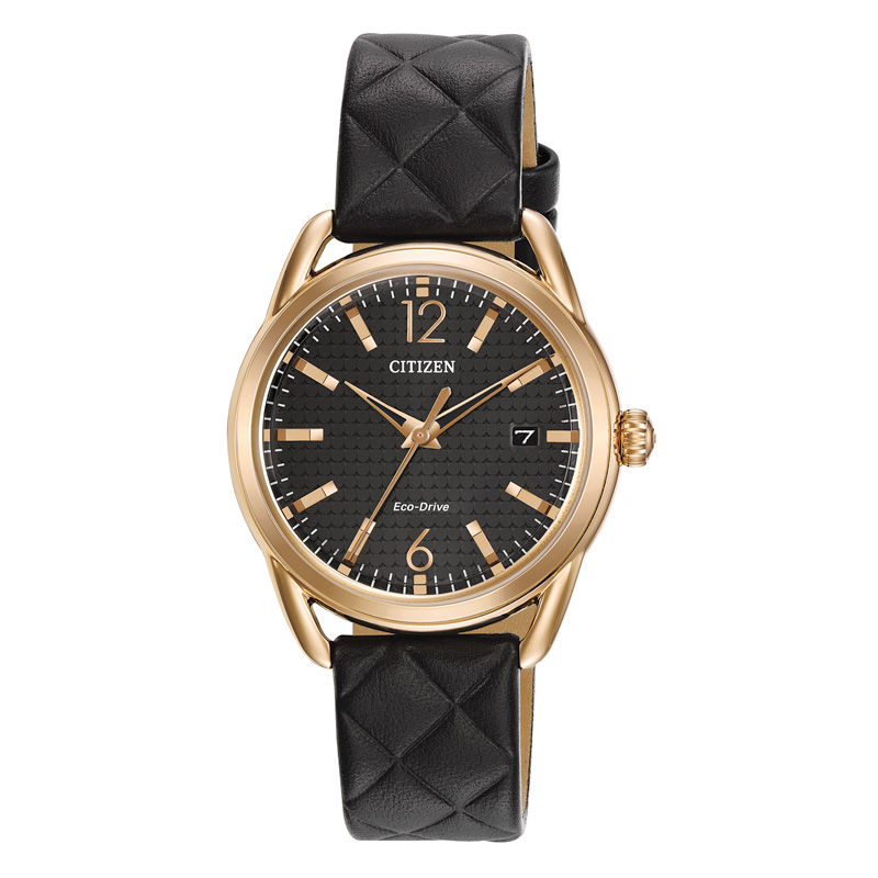 Main Image 1 of Ladies' Citizen Eco-Drive® LTR Rose-Tone Strap Watch with Black Dial (Model: FE6083-13E)