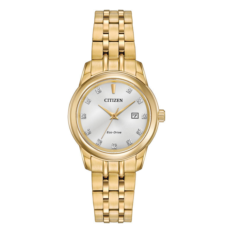 Ladies' Citizen Eco-Drive® Diamond Accent Gold-Tone Watch with White Dial (Model: EW2392-54A)