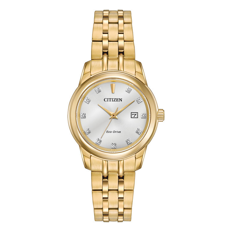 Main Image 1 of Ladies' Citizen Eco-Drive® Diamond Accent Gold-Tone Watch with White Dial (Model: EW2392-54A)