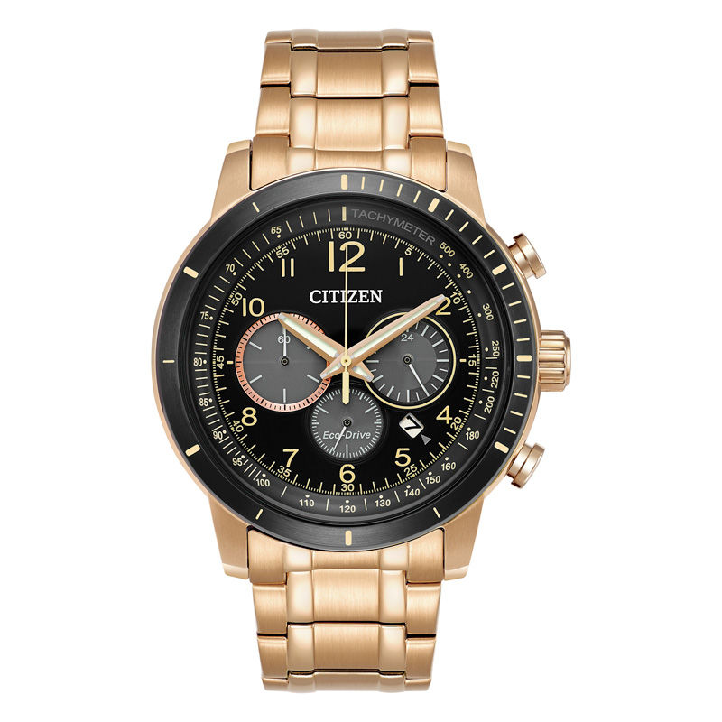 Men's Citizen Eco-Drive® Brycen Chronograph Rose-Tone Watch with Black Dial (Model: CA4359-55E)