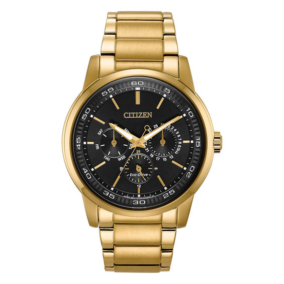 Men's Citizen Eco-Drive® Gold-Tone Watch with Black Dial (Model: BU2012