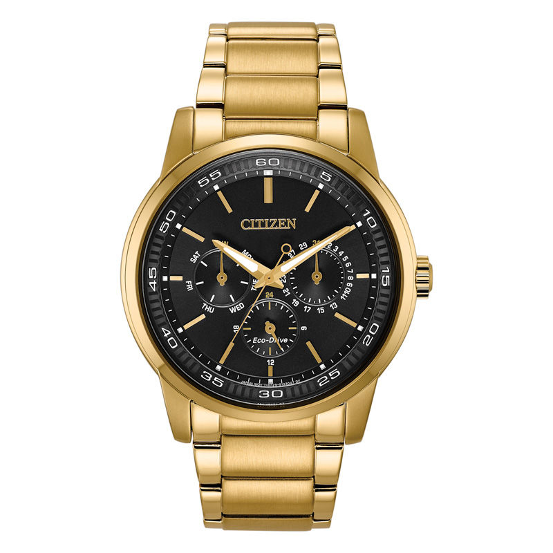 Men's Citizen Eco-Drive® Gold-Tone Watch with Black Dial (Model: BU2012-51E)