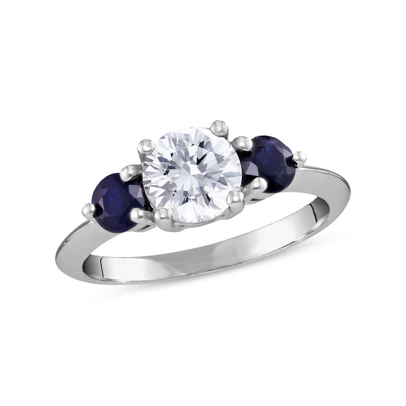 White Topaz and Blue Sapphire Three Stone non-diamond engagement ring