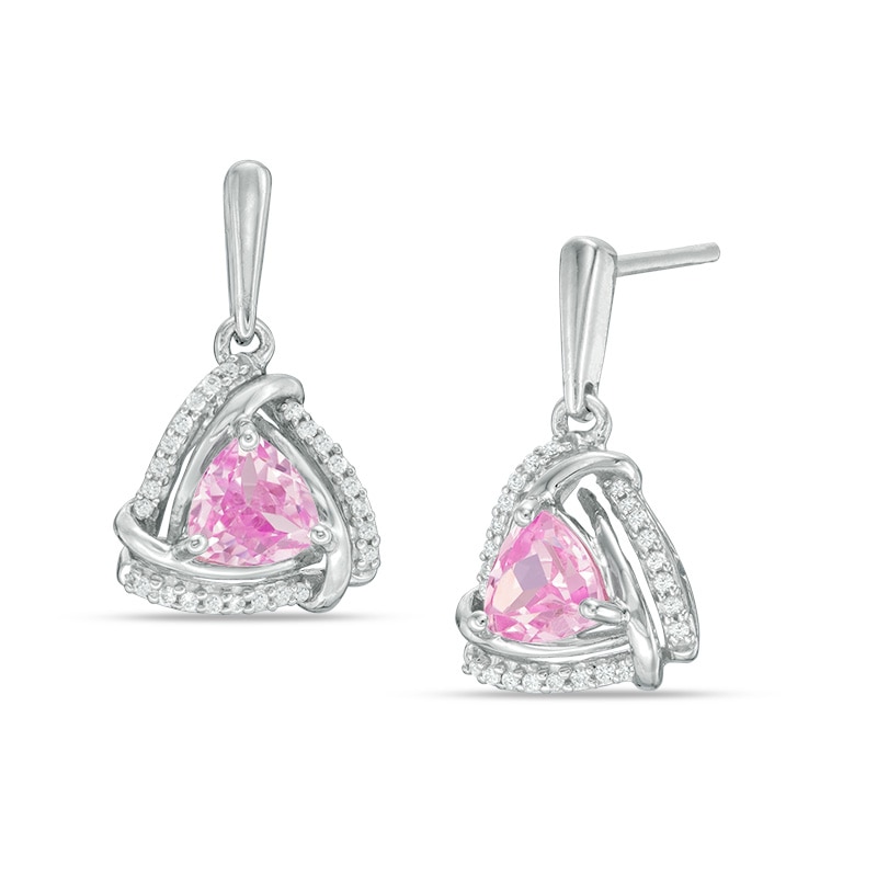 Main Image 1 of 5.0mm Trillion-Cut Lab-Created Pink Sapphire and 1/6 CT. T.W. Diamond Swirl Frame Drop Earrings in Sterling Silver