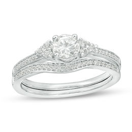 Lab-Created White Sapphire and 1/10 CT. T.W. Diamond Tri-Sides Bridal Set in Sterling Silver