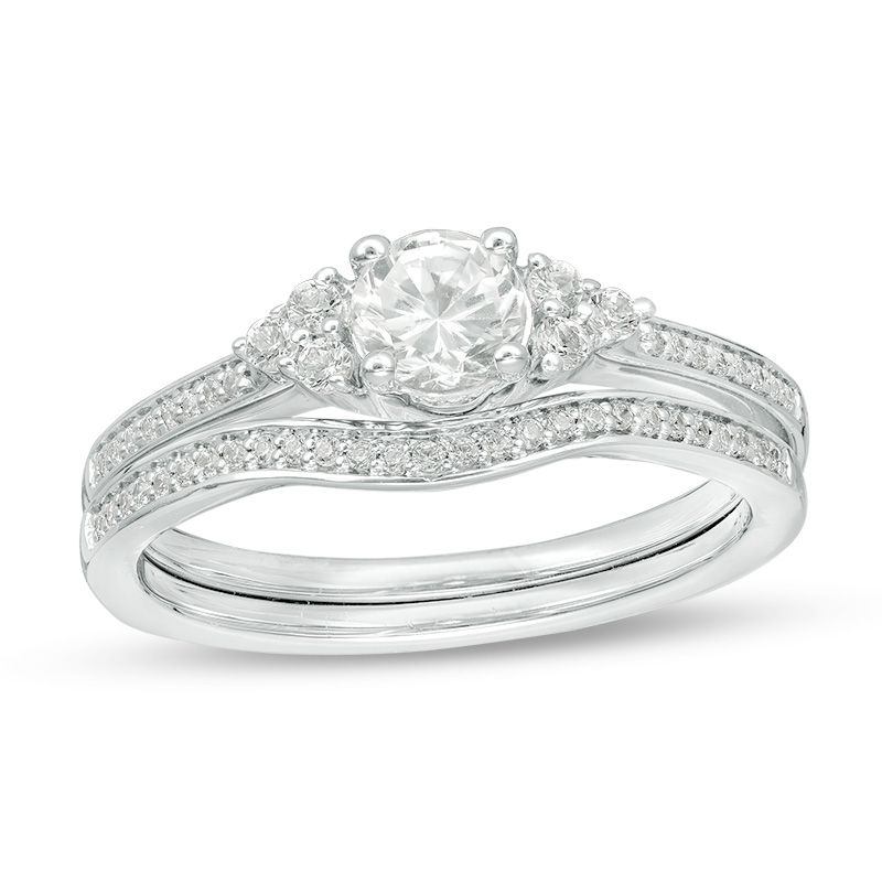 Main Image 1 of Lab-Created White Sapphire and 1/10 CT. T.W. Diamond Tri-Sides Bridal Set in Sterling Silver