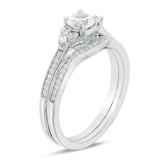 Lab-Created White Sapphire and 1/10 CT. T.w. Diamond Tri-Sides Bridal Set in Sterling Silver