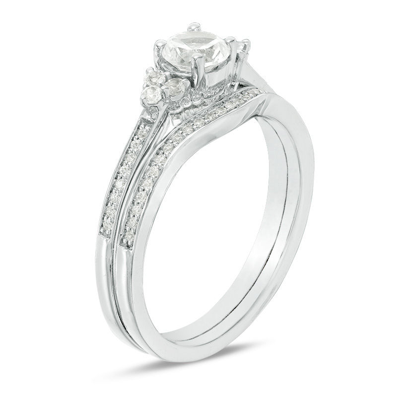 Main Image 2 of Lab-Created White Sapphire and 1/10 CT. T.W. Diamond Tri-Sides Bridal Set in Sterling Silver
