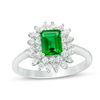 Thumbnail Image 0 of Emerald-Cut Lab-Created Emerald and White Sapphire Sunburst Frame Ring in Sterling Silver