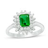Thumbnail Image 1 of Emerald-Cut Lab-Created Emerald and White Sapphire Sunburst Frame Ring in Sterling Silver
