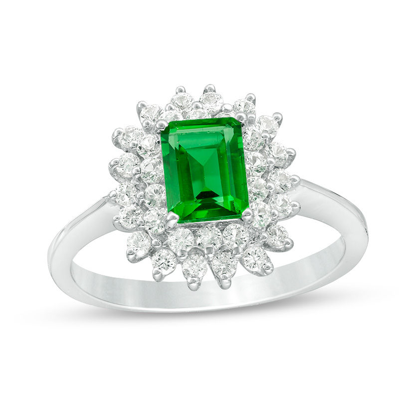 Main Image 1 of Emerald-Cut Lab-Created Emerald and White Sapphire Sunburst Frame Ring in Sterling Silver