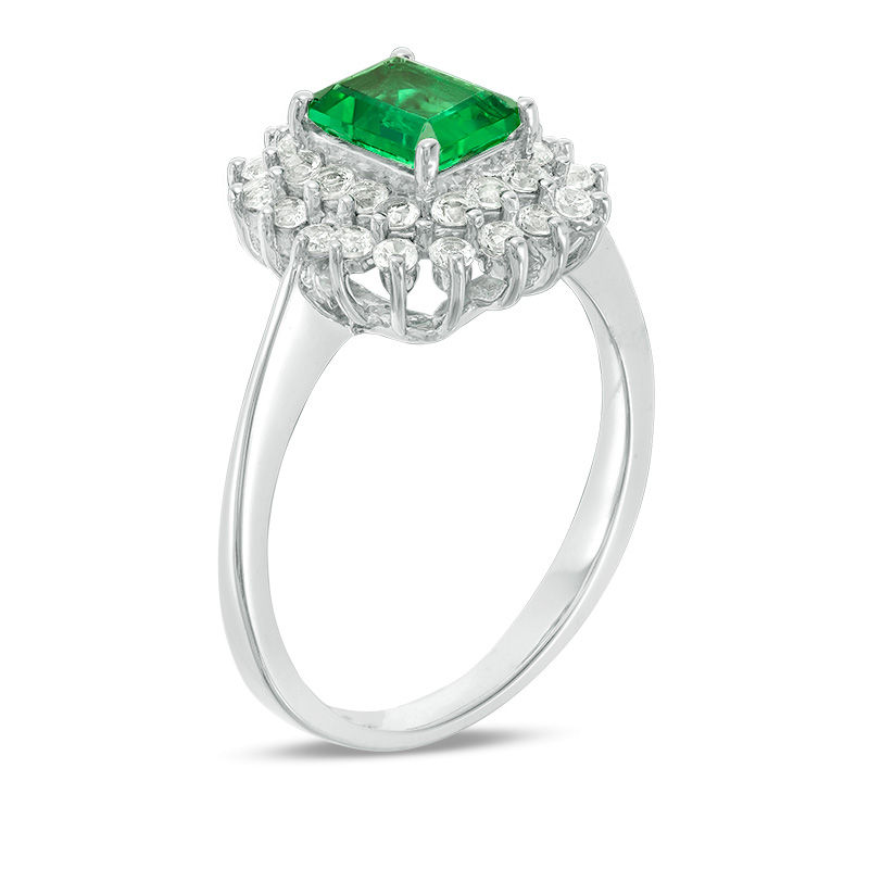 Main Image 2 of Emerald-Cut Lab-Created Emerald and White Sapphire Sunburst Frame Ring in Sterling Silver