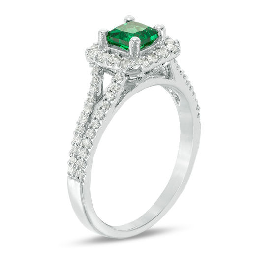Princess-Cut Lab-Created Emerald, White Sapphire and 1/4 CT. T.w. Diamond Frame Engagement Ring in Sterling Silver