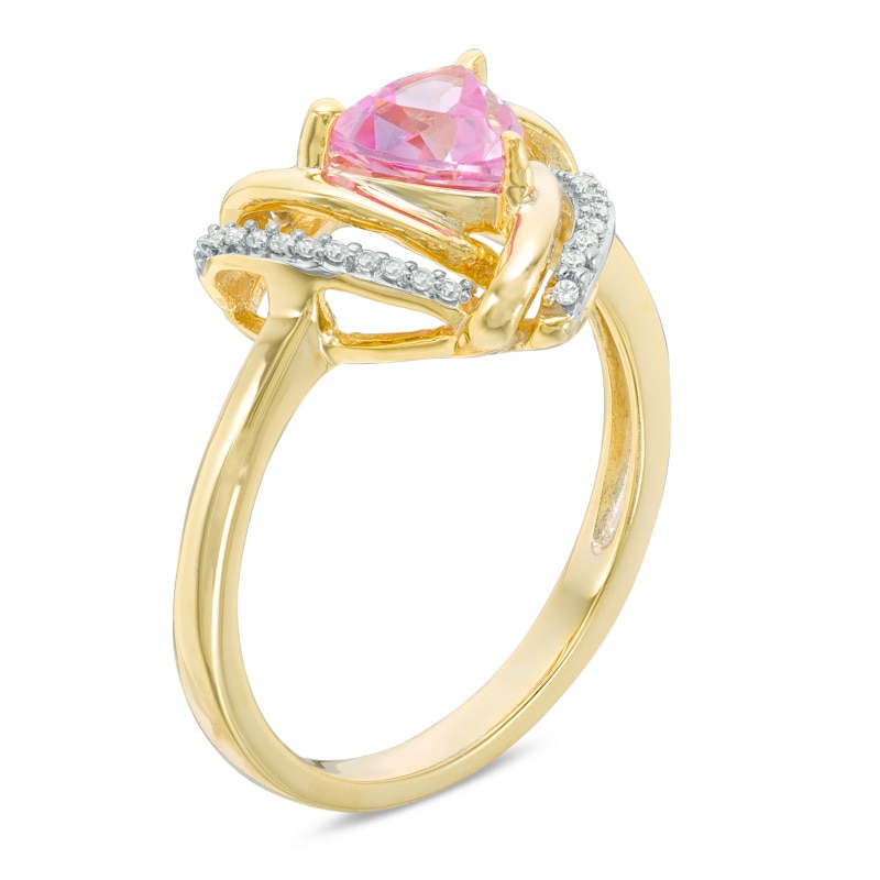Main Image 2 of 6.0mm Trillion-Cut Lab-Created Pink Sapphire and 1/10 CT. T.W. Diamond Swirl Frame Ring in 10K Gold