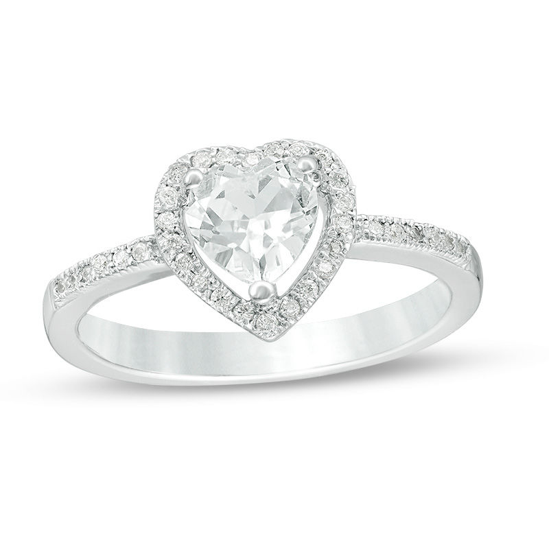 5.5mm Lab-Created White Sapphire and 1/8 CT. T.W. Diamond Frame Promise Ring in Sterling Silver