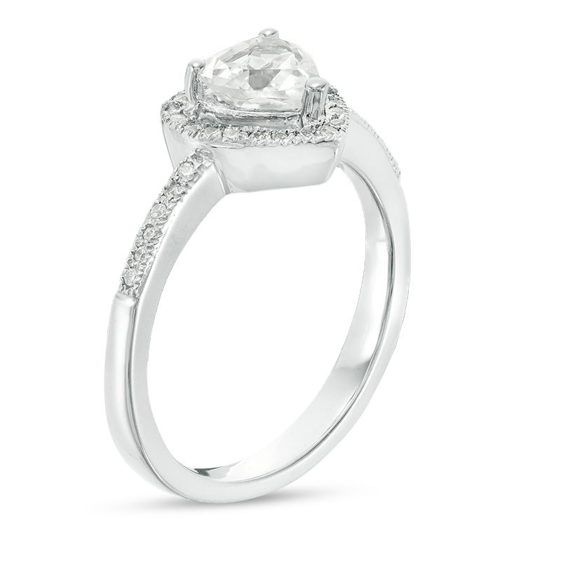 5.5mm Lab-Created White Sapphire and 1/8 CT. T.W. Diamond Frame Promise Ring in Sterling Silver