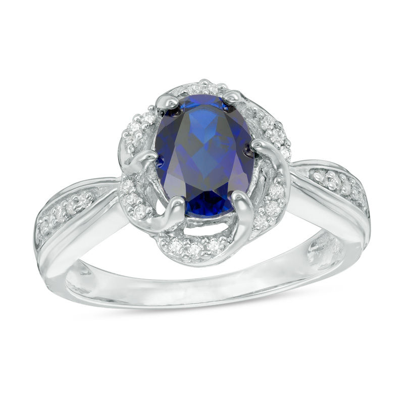 Oval Lab-Created Blue Sapphire and 1/10 CT. T.W. Diamond Frame Ring in Sterling Silver