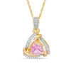 Thumbnail Image 0 of 6.0mm Trillion-Cut Lab-Created Pink Sapphire and Diamond Accent Swirl Frame Pendant in 10K Gold