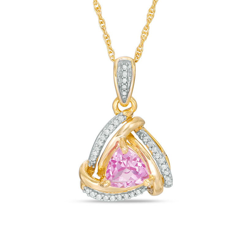 6.0mm Trillion-Cut Lab-Created Pink Sapphire and Diamond Accent Swirl Frame Pendant in 10K Gold