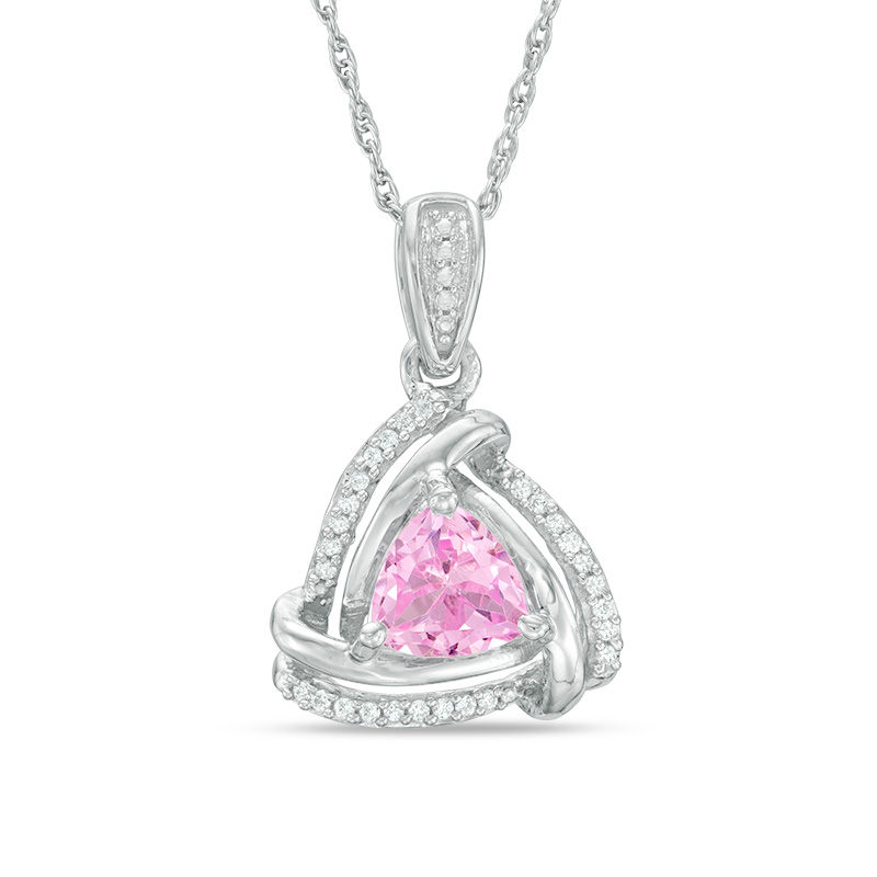 Main Image 1 of 6.0mm Trillion-Cut Lab-Created Pink Sapphire and Diamond Accent  Swirl Frame Pendant in Sterling Silver