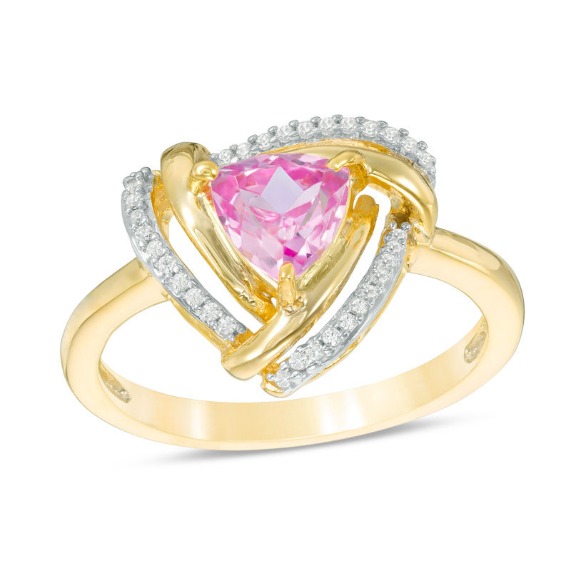 6.0mm Trillion-Cut Lab-Created Pink Sapphire and 1/10 CT. T.W. Diamond Swirl Frame Ring in 10K Gold