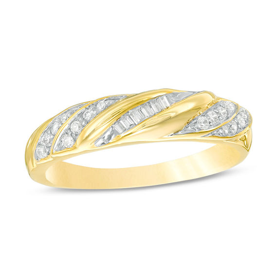1/6 CT. T.W. Baguette and Round Diamond Twist Slant Anniversary Band in ...