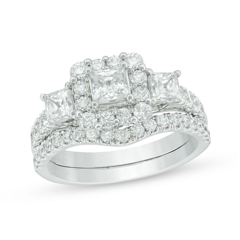 Main Image 1 of 2 CT. T.W. Princess-Cut Diamond Past Present Future® Frame Bridal Set in 14K White Gold