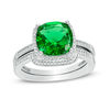Thumbnail Image 0 of 9.0mm Cushion-Cut Lab-Created Emerald and 1/5 CT. T.W. Diamond Frame Bridal Set in 10K White Gold