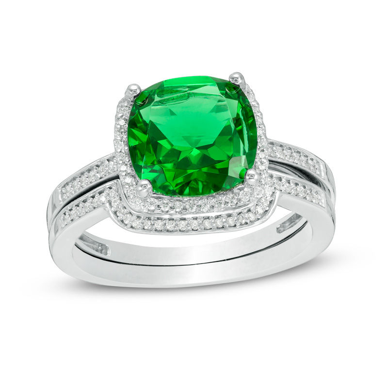 9.0mm Cushion-Cut Lab-Created Emerald and 1/5 CT. T.W. Diamond Frame Bridal Set in 10K White Gold