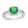 Thumbnail Image 0 of 7.0mm Cushion-Cut Lab-Created Emerald and 1/8 CT. T.W. Diamond Frame Split Shank Engagement Ring in 10K White Gold
