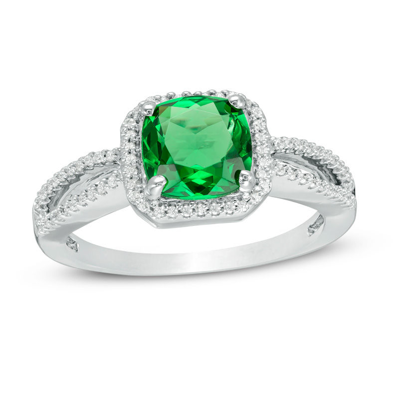 7.0mm Cushion-Cut Lab-Created Emerald and 1/8 CT. T.W. Diamond Frame Split Shank Engagement Ring in 10K White Gold