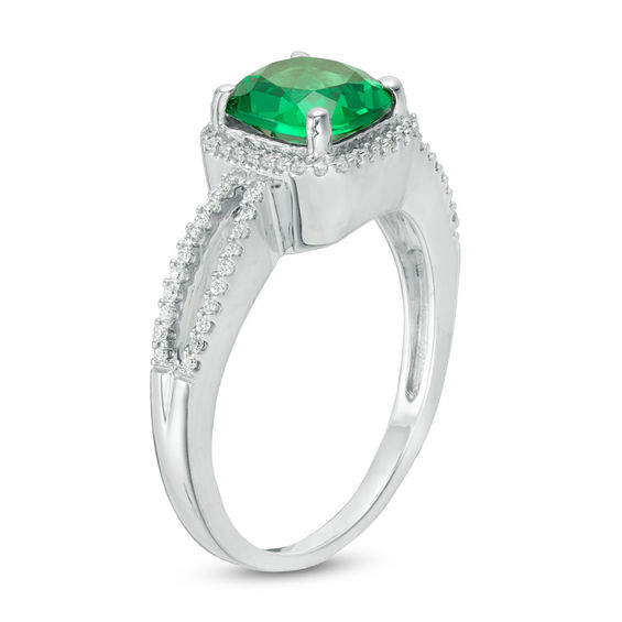 7.0mm Cushion-Cut Lab-Created Emerald and 1/8 CT. T.w. Diamond Frame Split Shank Engagement Ring in 10K White Gold