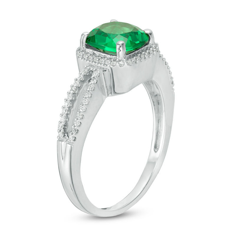 7.0mm Cushion-Cut Lab-Created Emerald and 1/8 CT. T.W. Diamond Frame Split Shank Engagement Ring in 10K White Gold